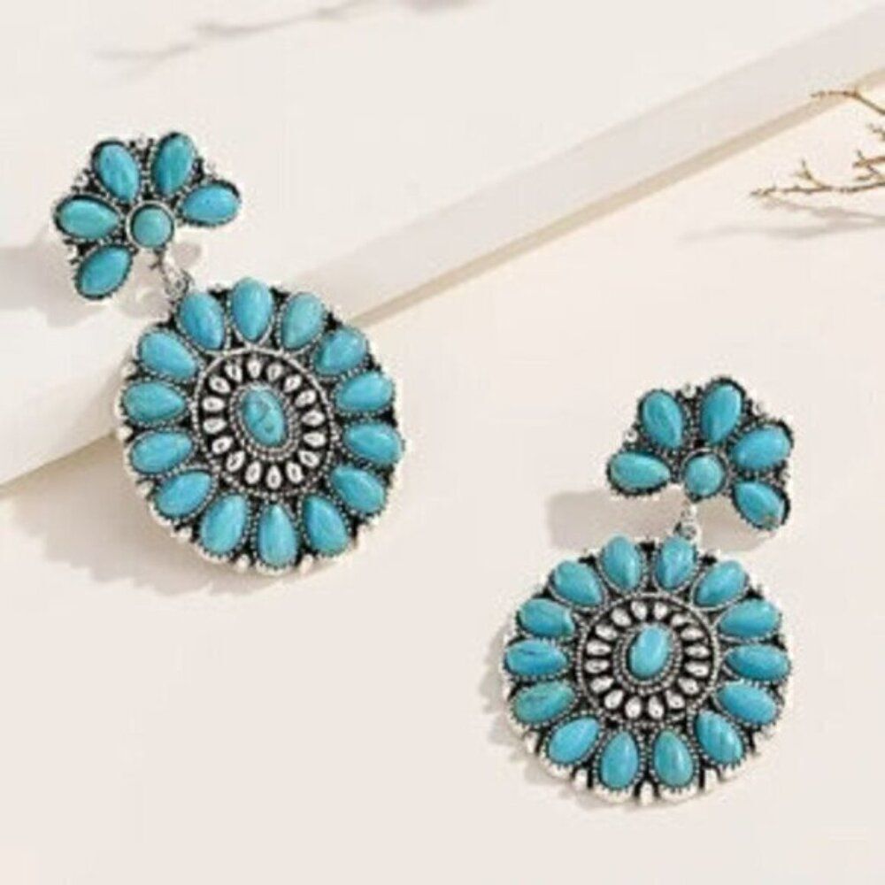 Squash Blossom Turquoise Retro Silver Plated Western Drop Dangle Earrings